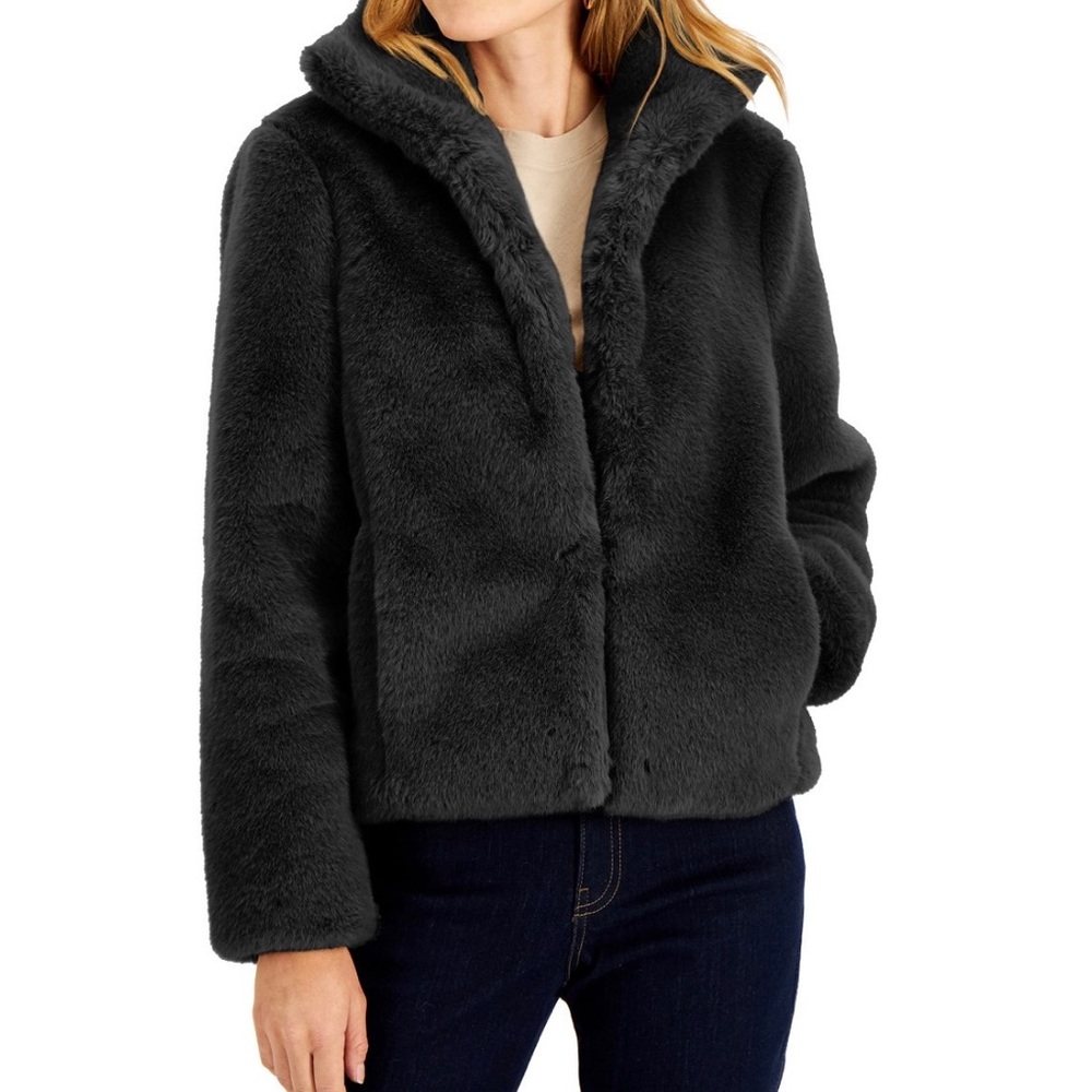 INC International Concepts Black Faux Fur Jacket XS NWT